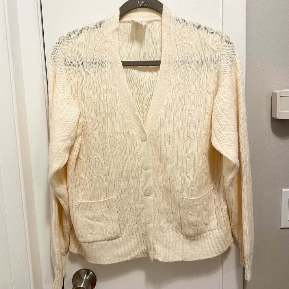 Vintage Great Girl Amy Austin Cable Knit Cardigan Sweater Womens L/XL Cream